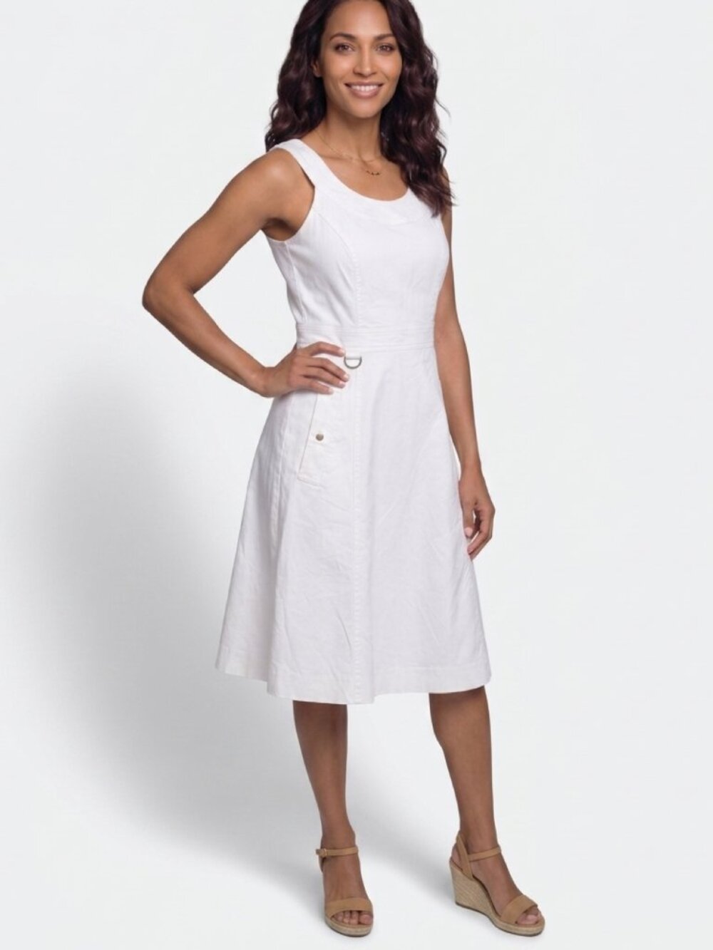 Calvin Klein white summer stretchy Cotton A-Line dress with pockets 2